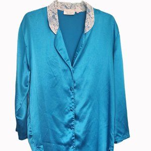 VICTORIA SECRET-Vintage Satin Nightshirt in Blue with Warm White Lace Collar-PS